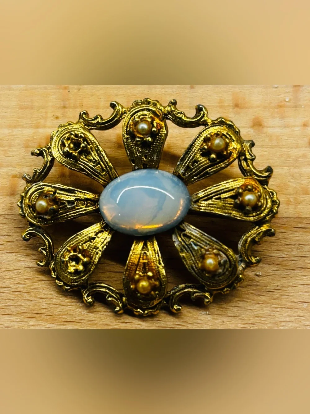 Vintage Gold-Flower Brooch with Opalescent Cabochon